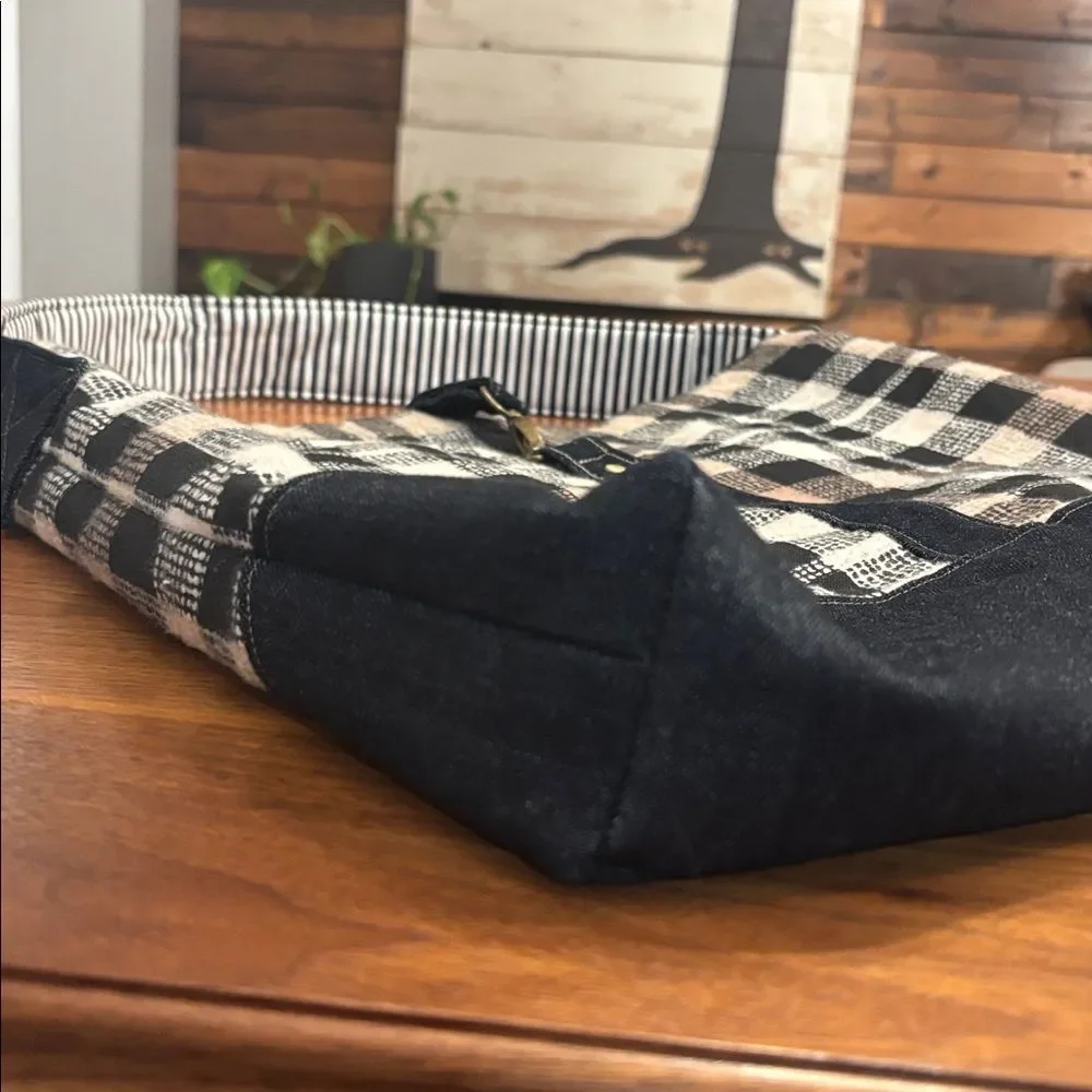 Large Hobo Striped Black White Brown Plaid Denim Purse Handbag